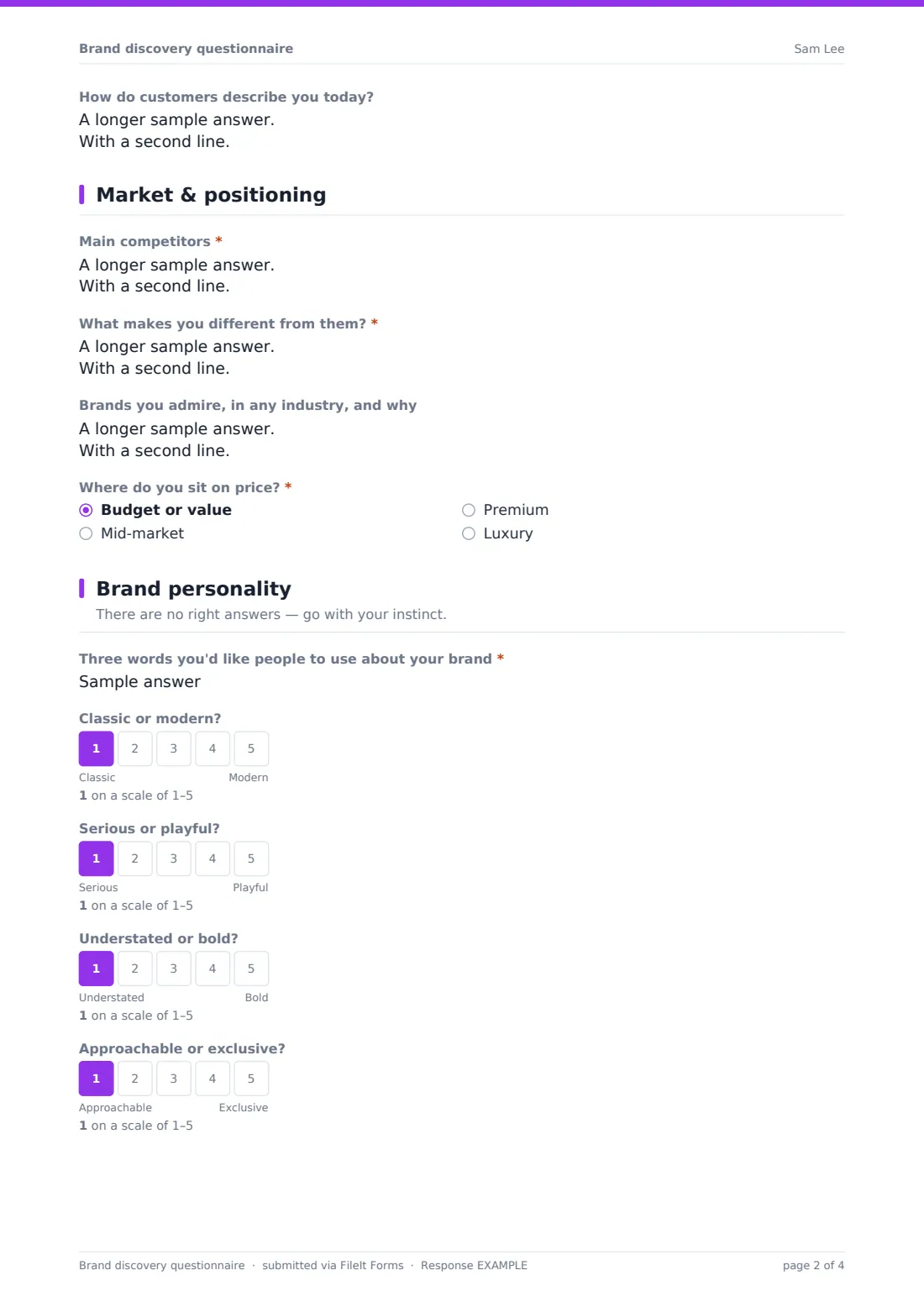 Brand discovery questionnaire — example response PDF, page 2 of 4