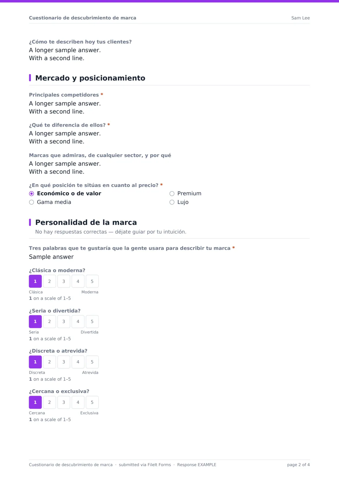 Cuestionario de descubrimiento de marca — PDF de respuesta de ejemplo, página 2 de 4