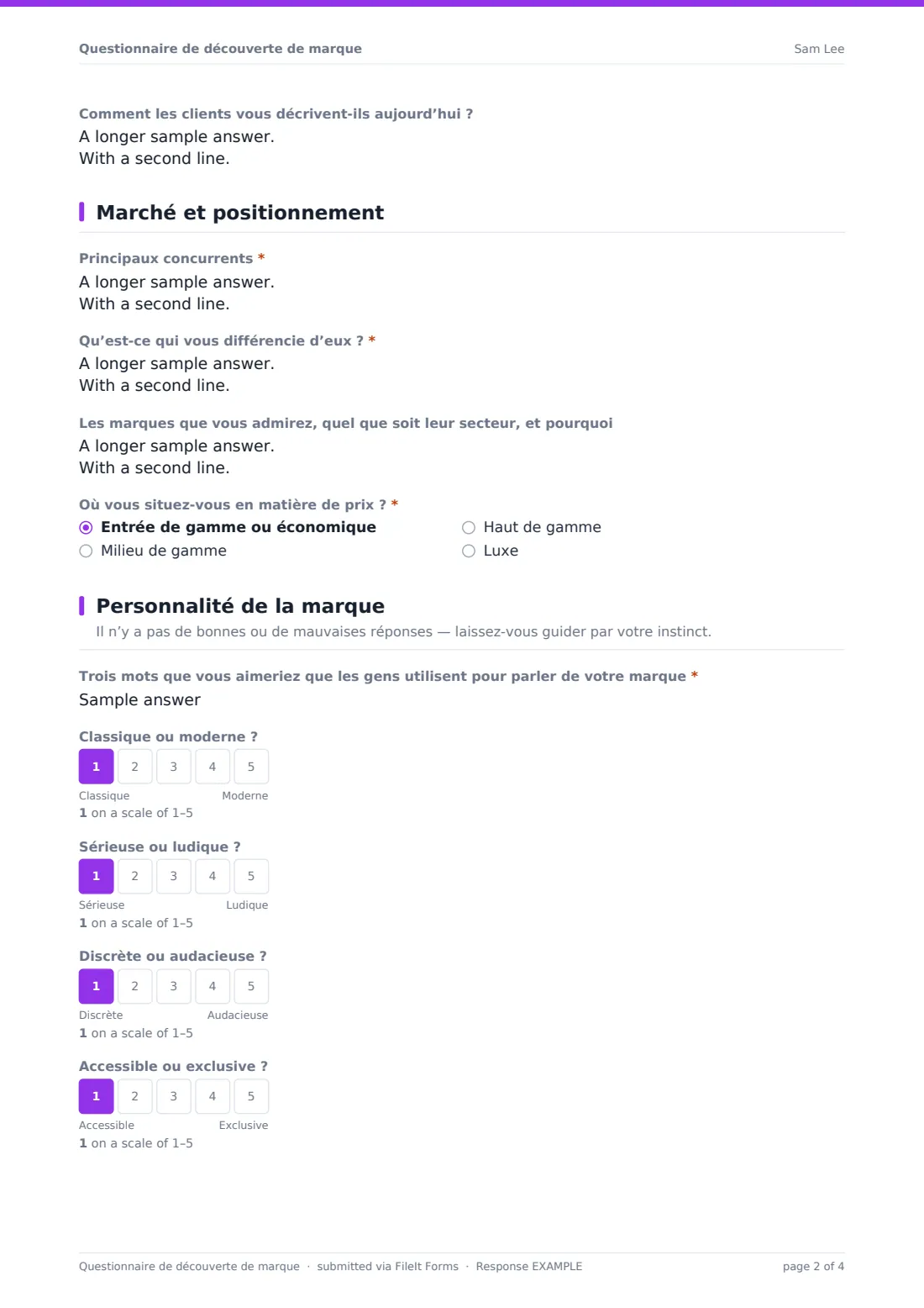 Questionnaire de découverte de marque — exemple de réponse au format PDF, page 2 sur 4