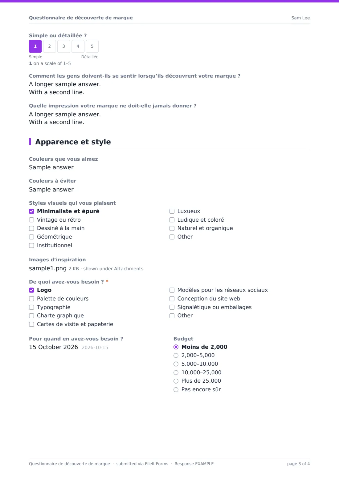 Questionnaire de découverte de marque — exemple de réponse au format PDF, page 3 sur 4