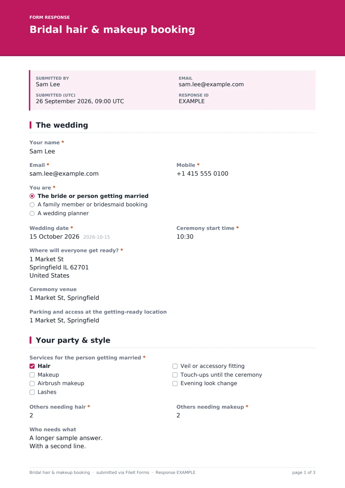 Bridal hair & makeup booking — example response PDF, page 1 of 3