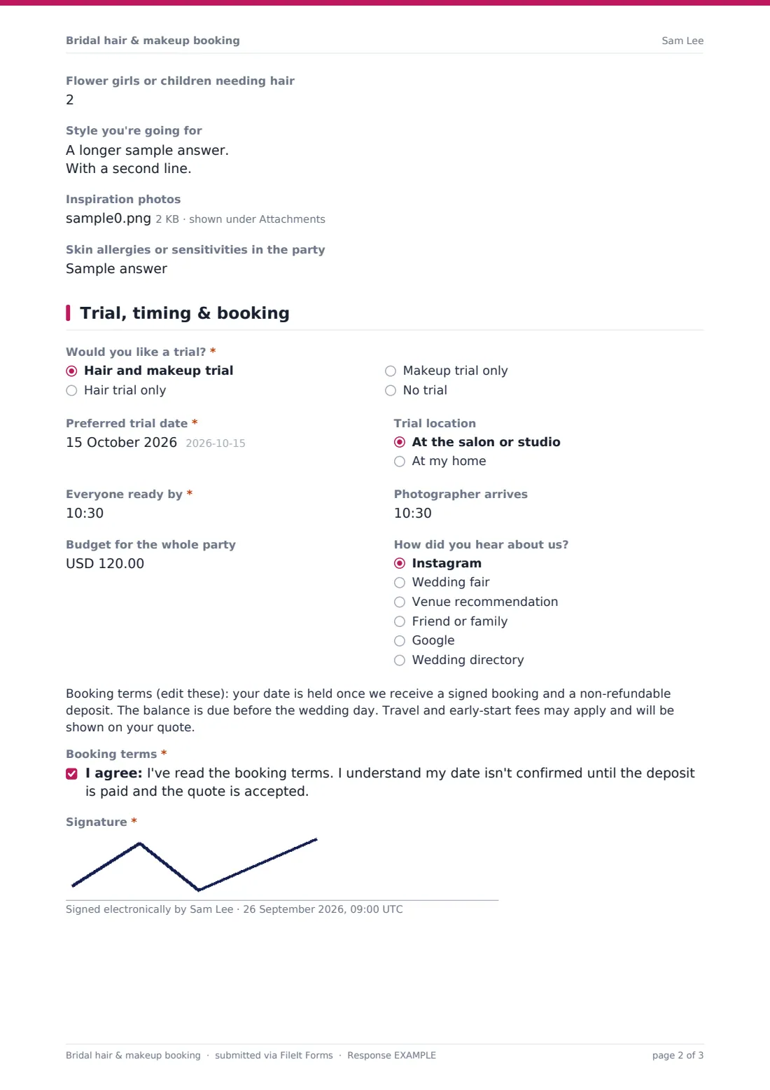 Bridal hair & makeup booking — example response PDF, page 2 of 3