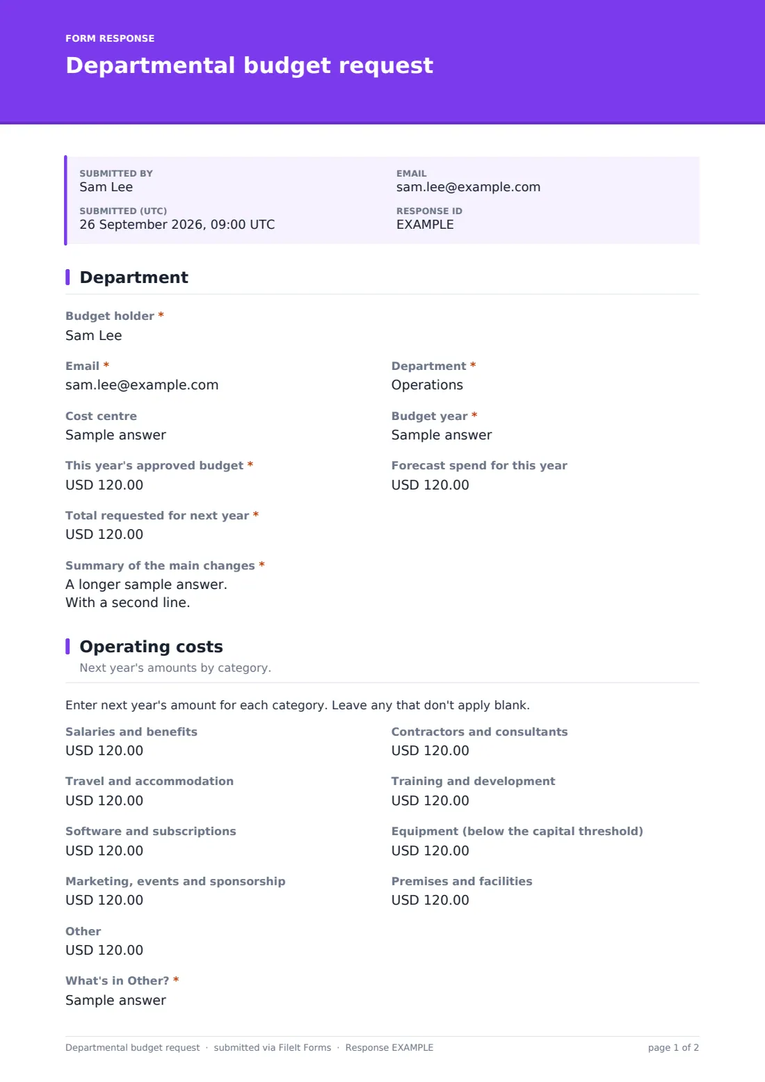 Departmental budget request — example response PDF, page 1 of 2