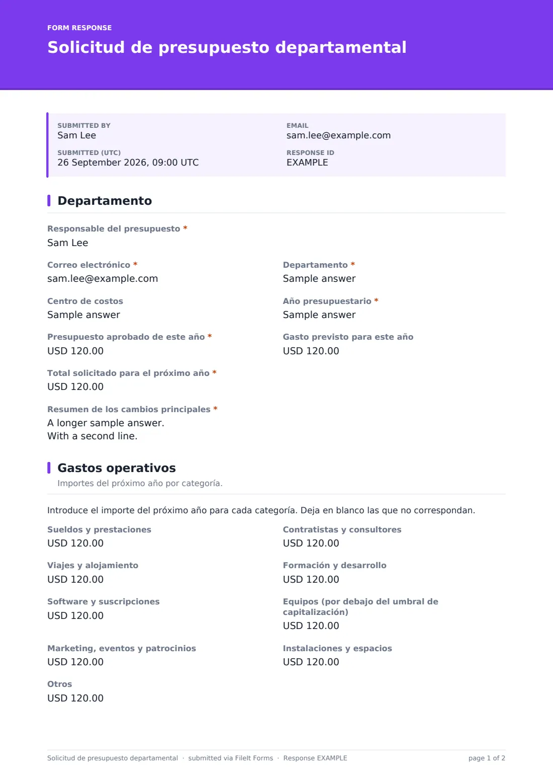 Solicitud de presupuesto departamental — PDF de respuesta de ejemplo, página 1 de 2