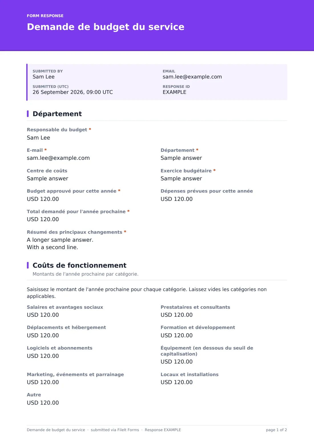 Demande de budget du service — exemple de réponse au format PDF, page 1 sur 2