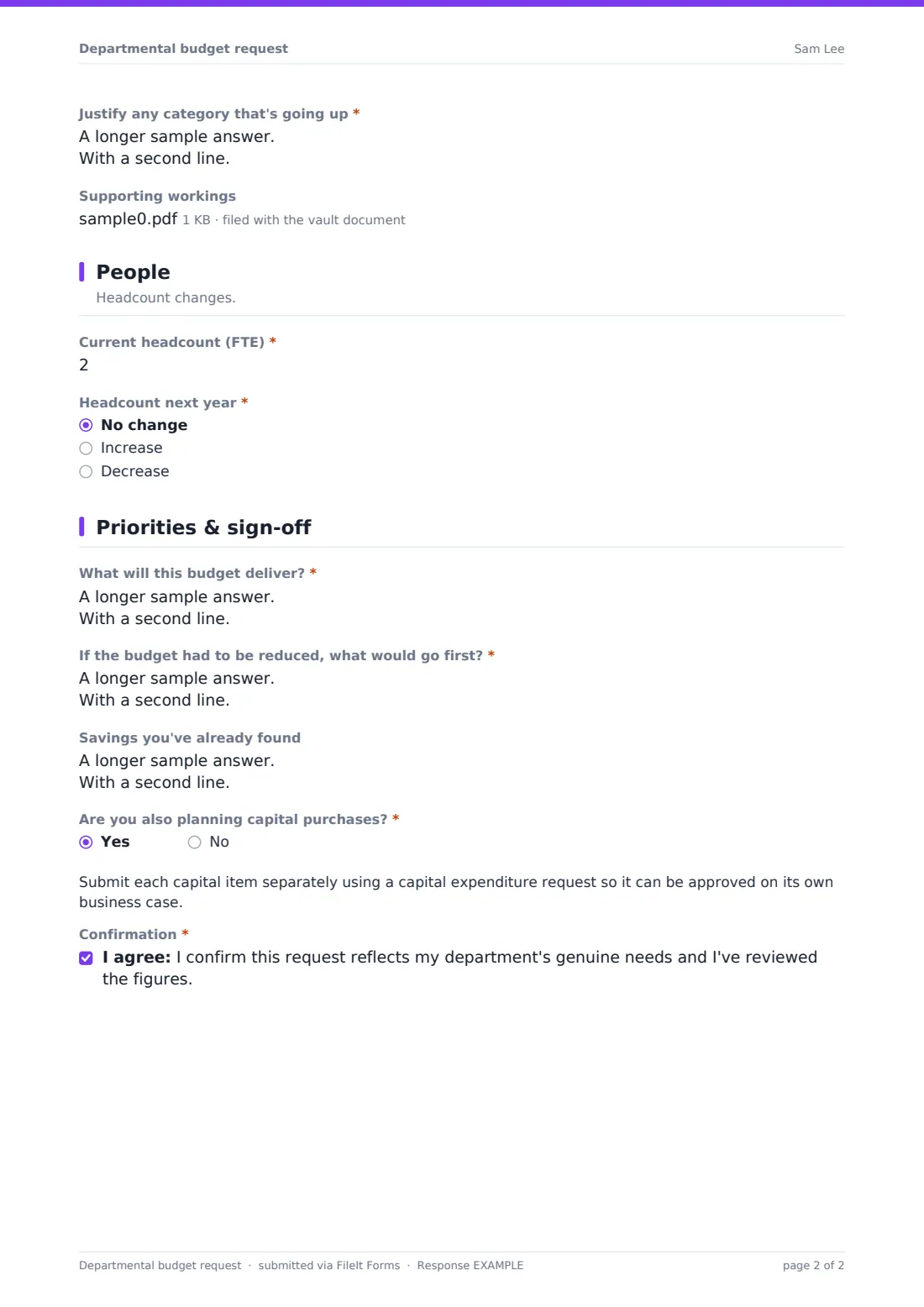 Departmental budget request — example response PDF, page 2 of 2