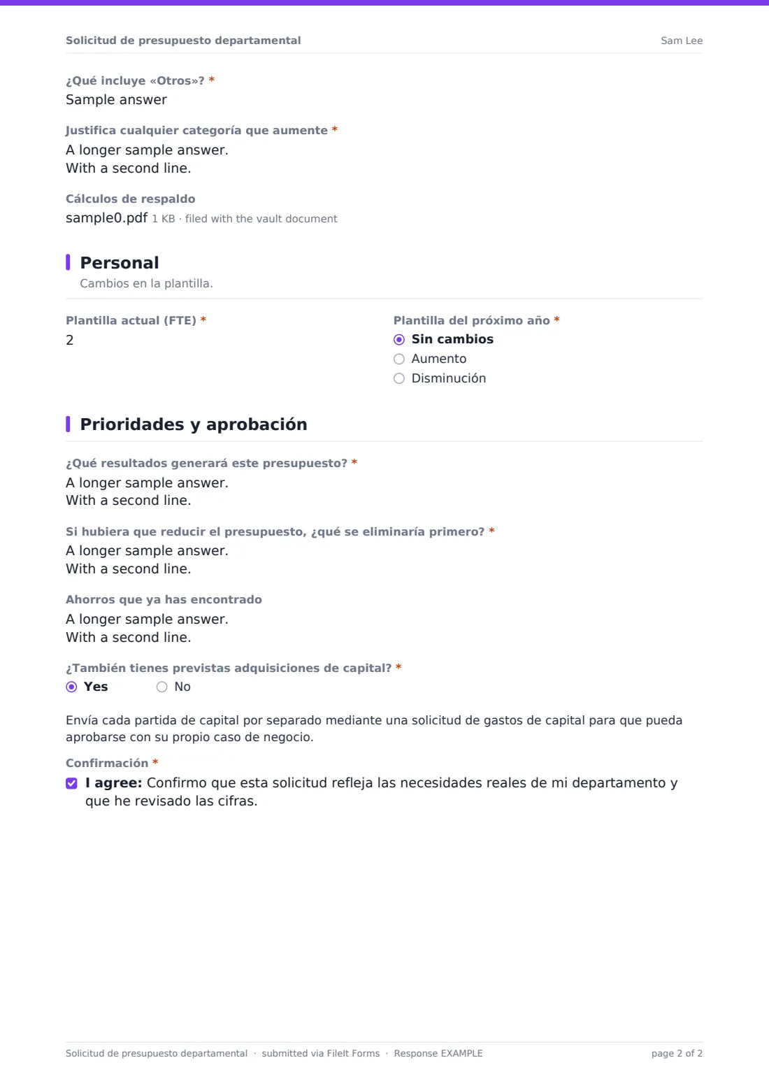 Solicitud de presupuesto departamental — PDF de respuesta de ejemplo, página 2 de 2