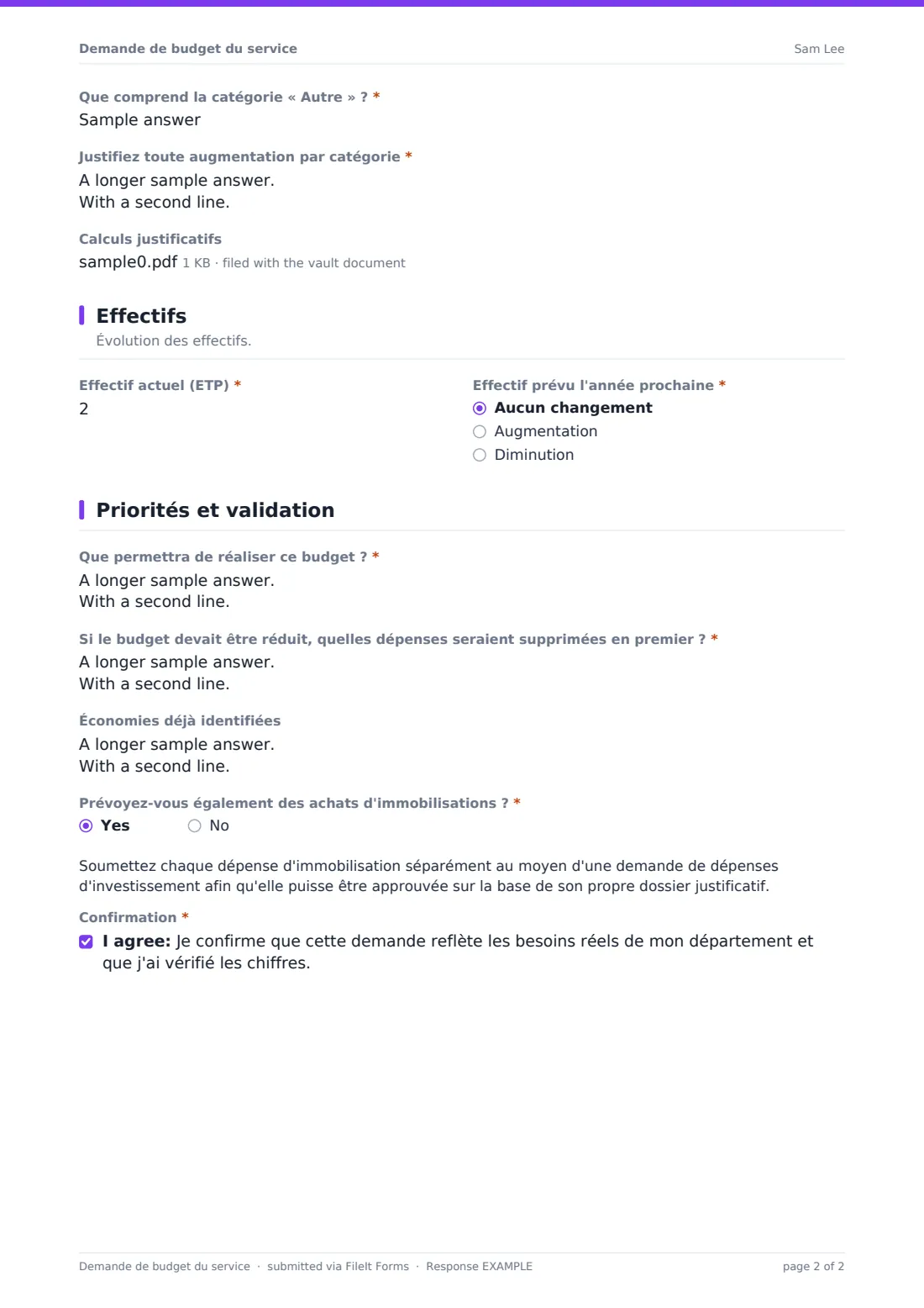 Demande de budget du service — exemple de réponse au format PDF, page 2 sur 2