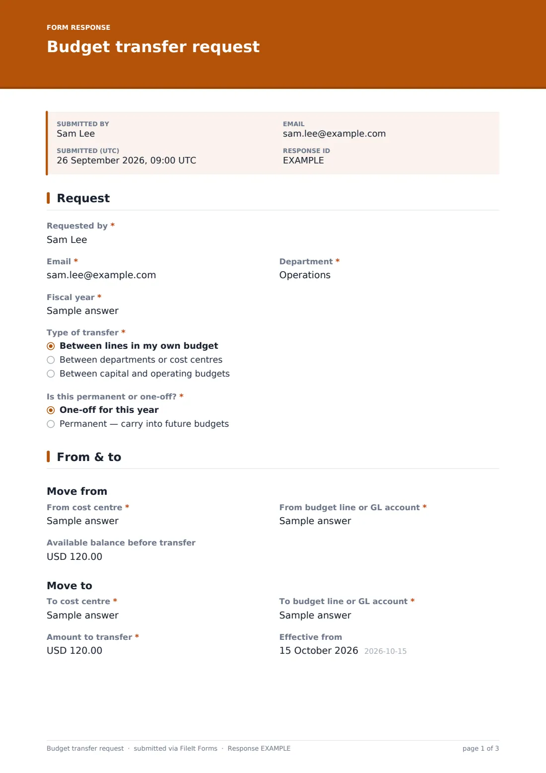 Budget transfer request — example response PDF, page 1 of 3