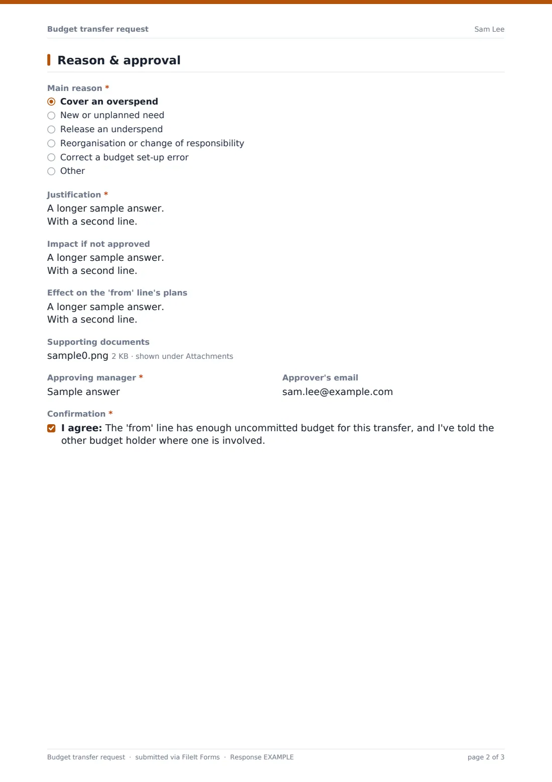 Budget transfer request — example response PDF, page 2 of 3