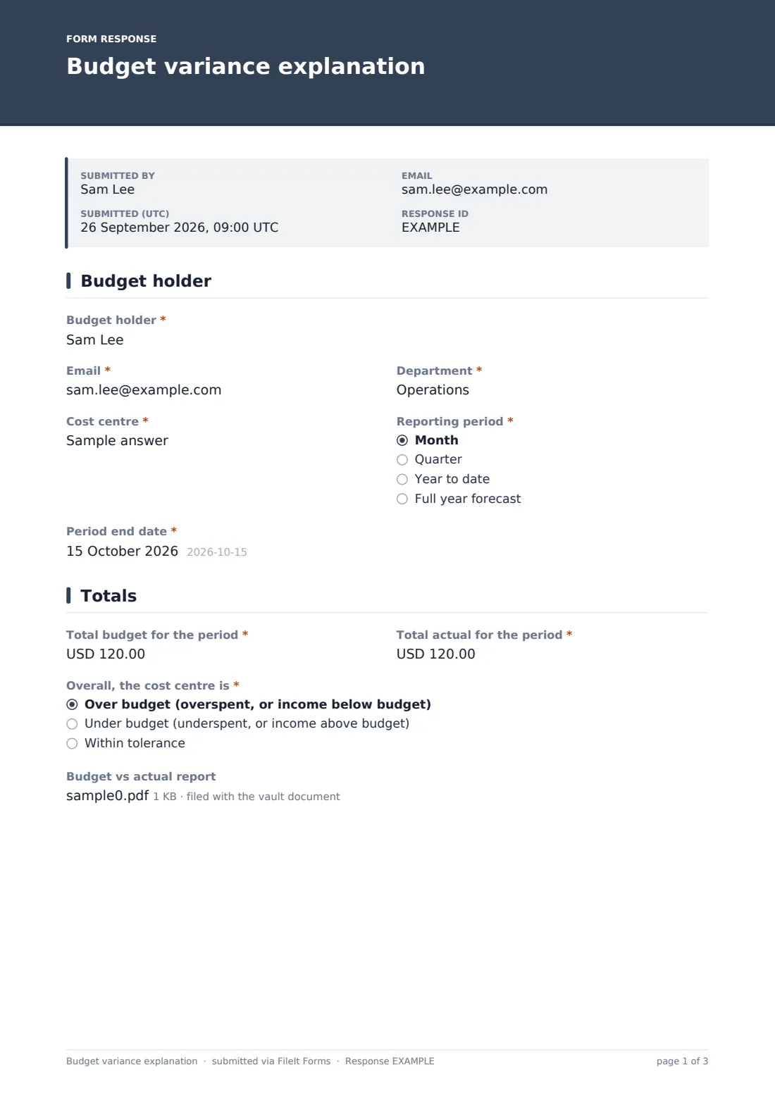 Budget variance explanation — example response PDF, page 1 of 3