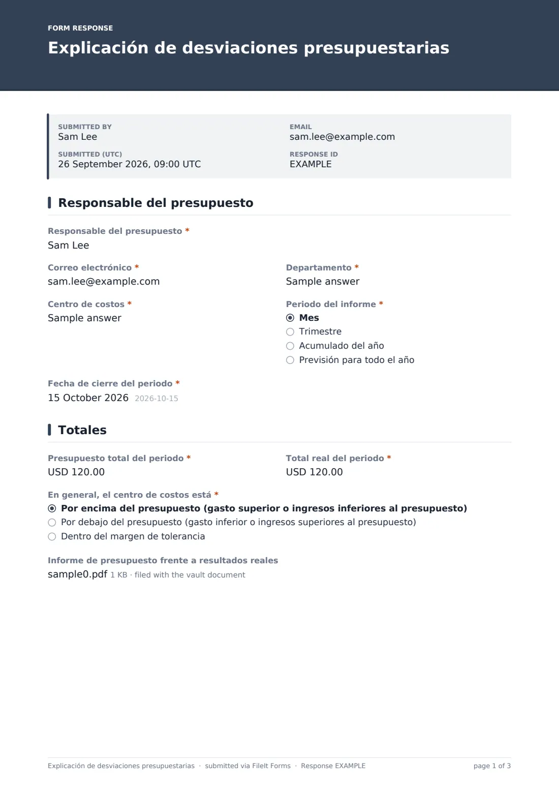 Explicación de desviaciones presupuestarias — PDF de respuesta de ejemplo, página 1 de 3