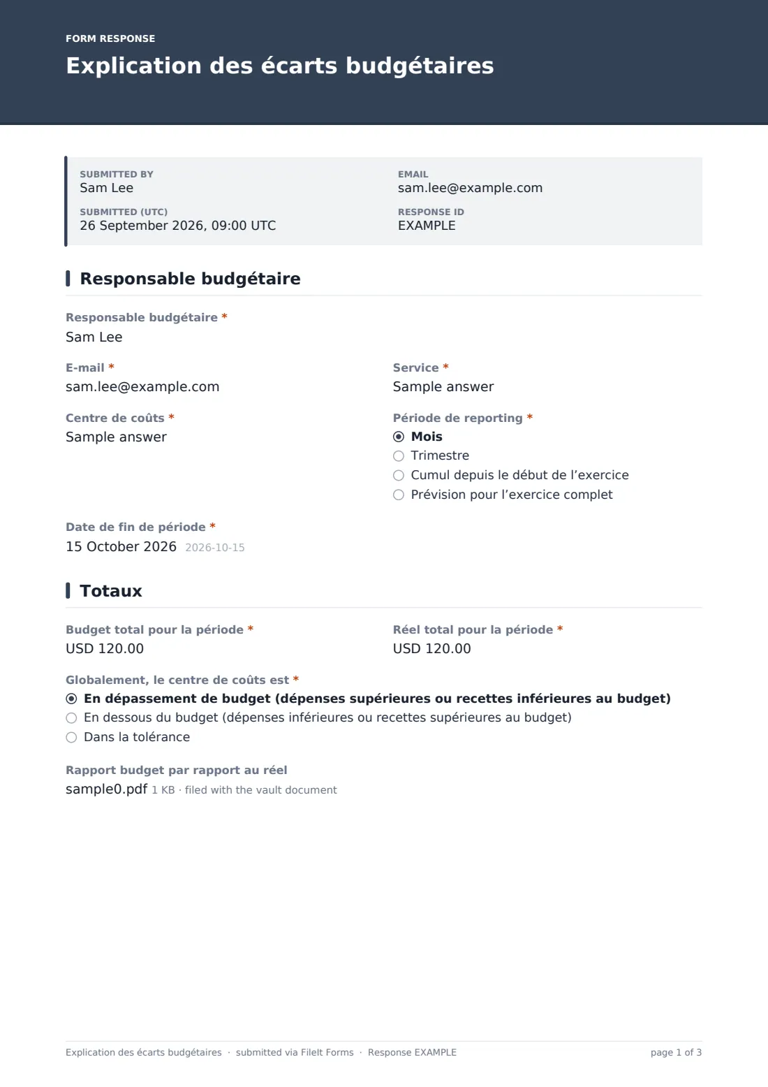 Explication des écarts budgétaires — exemple de réponse au format PDF, page 1 sur 3