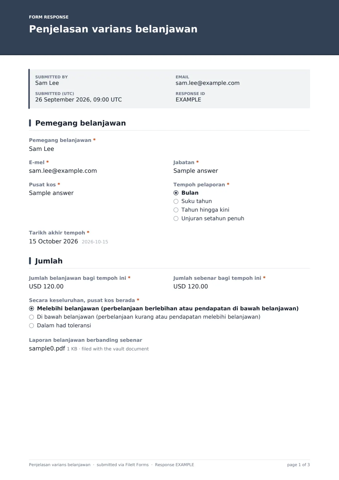 Penjelasan varians belanjawan — PDF respons contoh, halaman 1 daripada 3