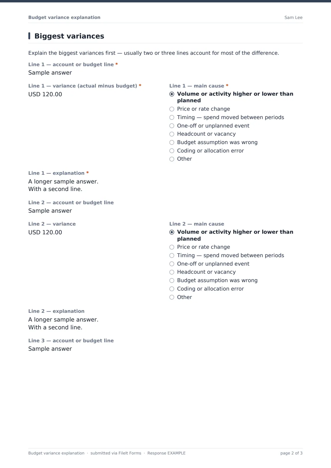 Budget variance explanation — example response PDF, page 2 of 3