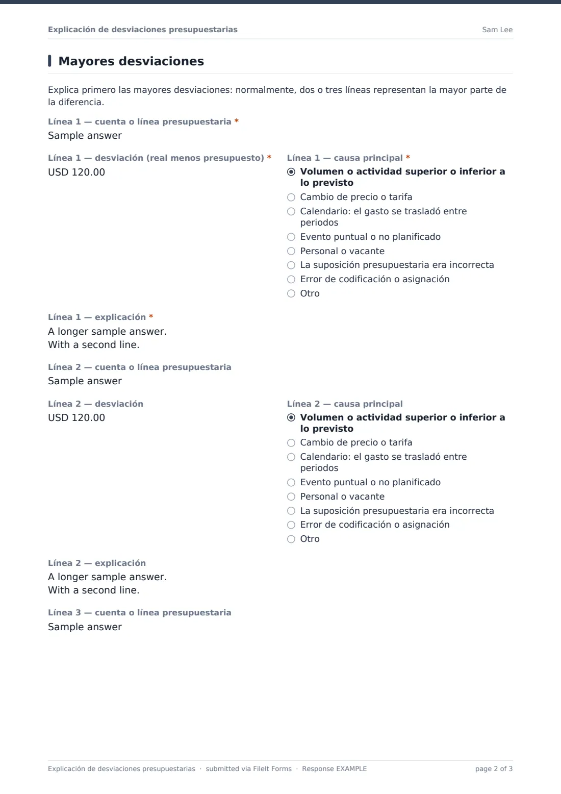 Explicación de desviaciones presupuestarias — PDF de respuesta de ejemplo, página 2 de 3