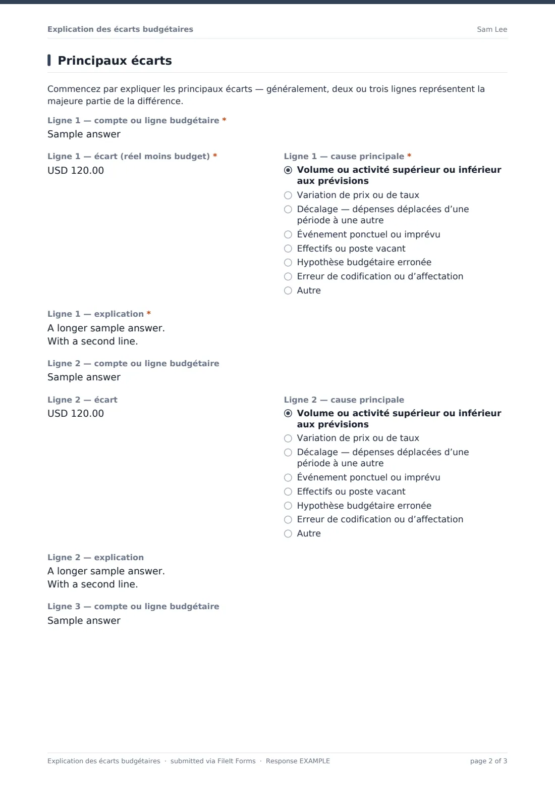 Explication des écarts budgétaires — exemple de réponse au format PDF, page 2 sur 3