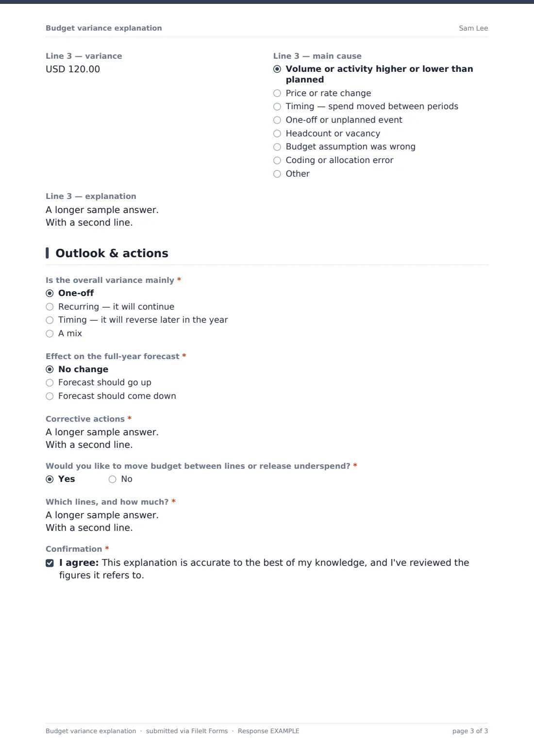 Budget variance explanation — example response PDF, page 3 of 3