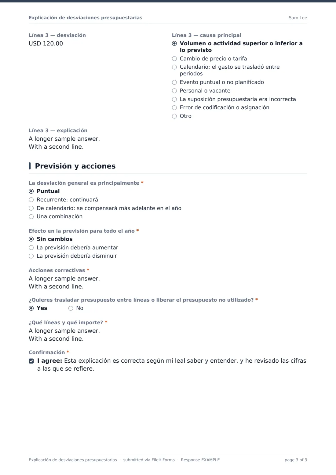Explicación de desviaciones presupuestarias — PDF de respuesta de ejemplo, página 3 de 3