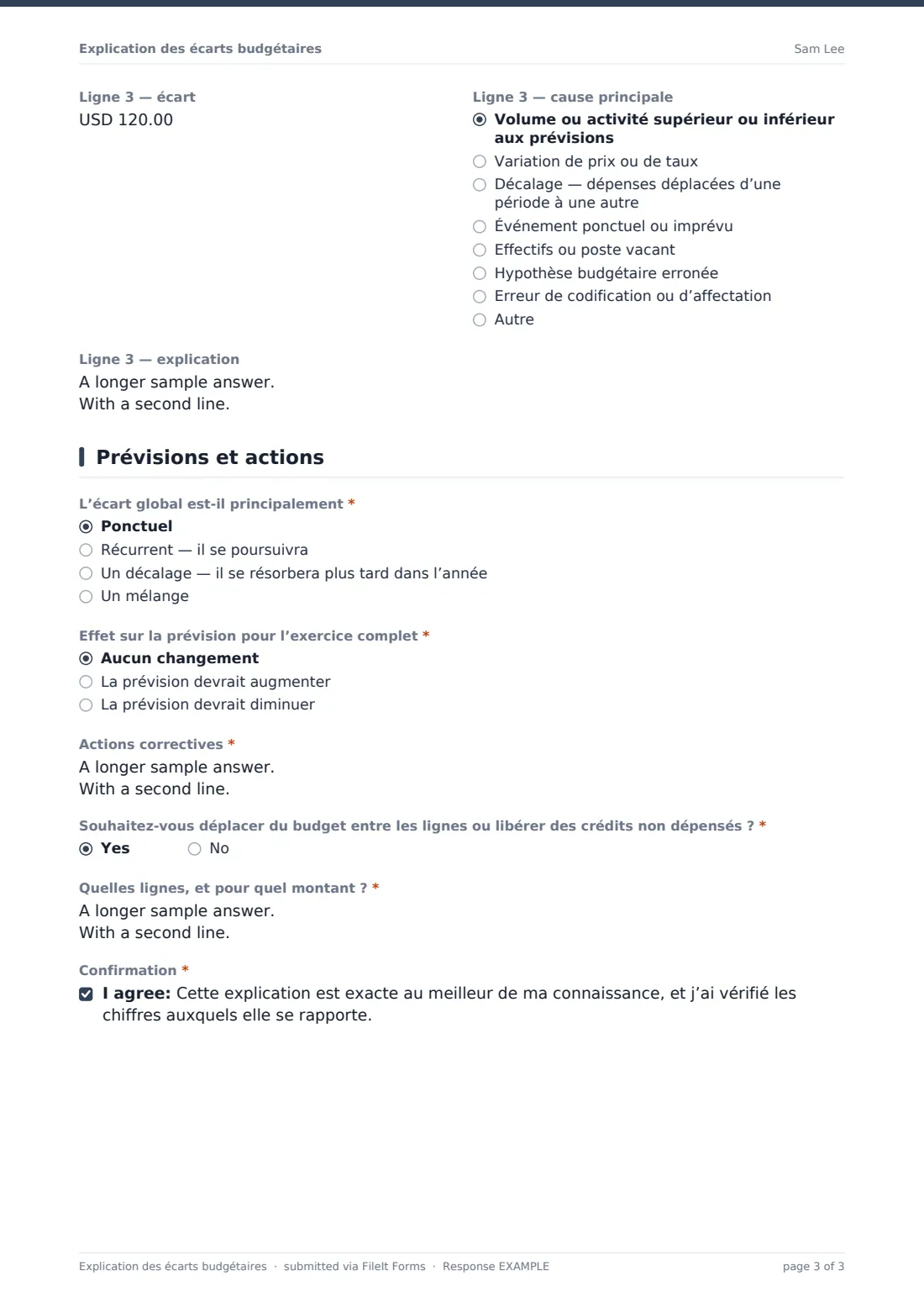 Explication des écarts budgétaires — exemple de réponse au format PDF, page 3 sur 3