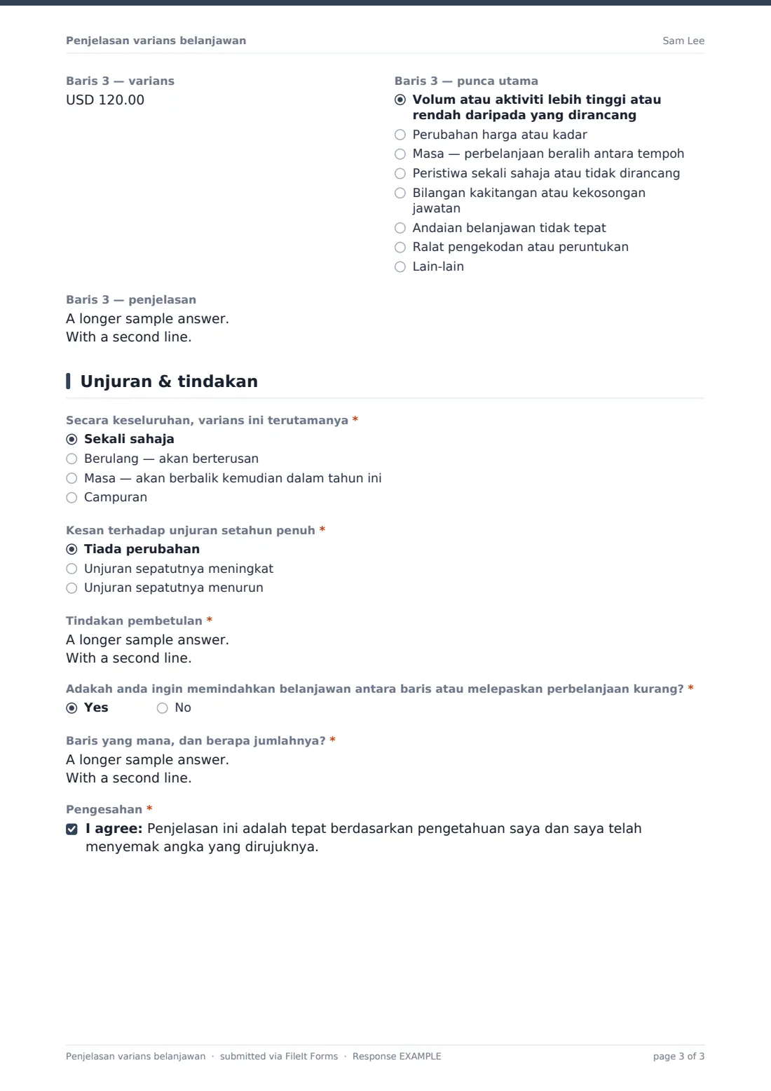 Penjelasan varians belanjawan — PDF respons contoh, halaman 3 daripada 3