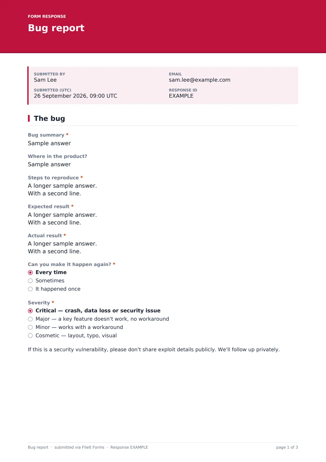 Bug report — example response PDF, page 1 of 3