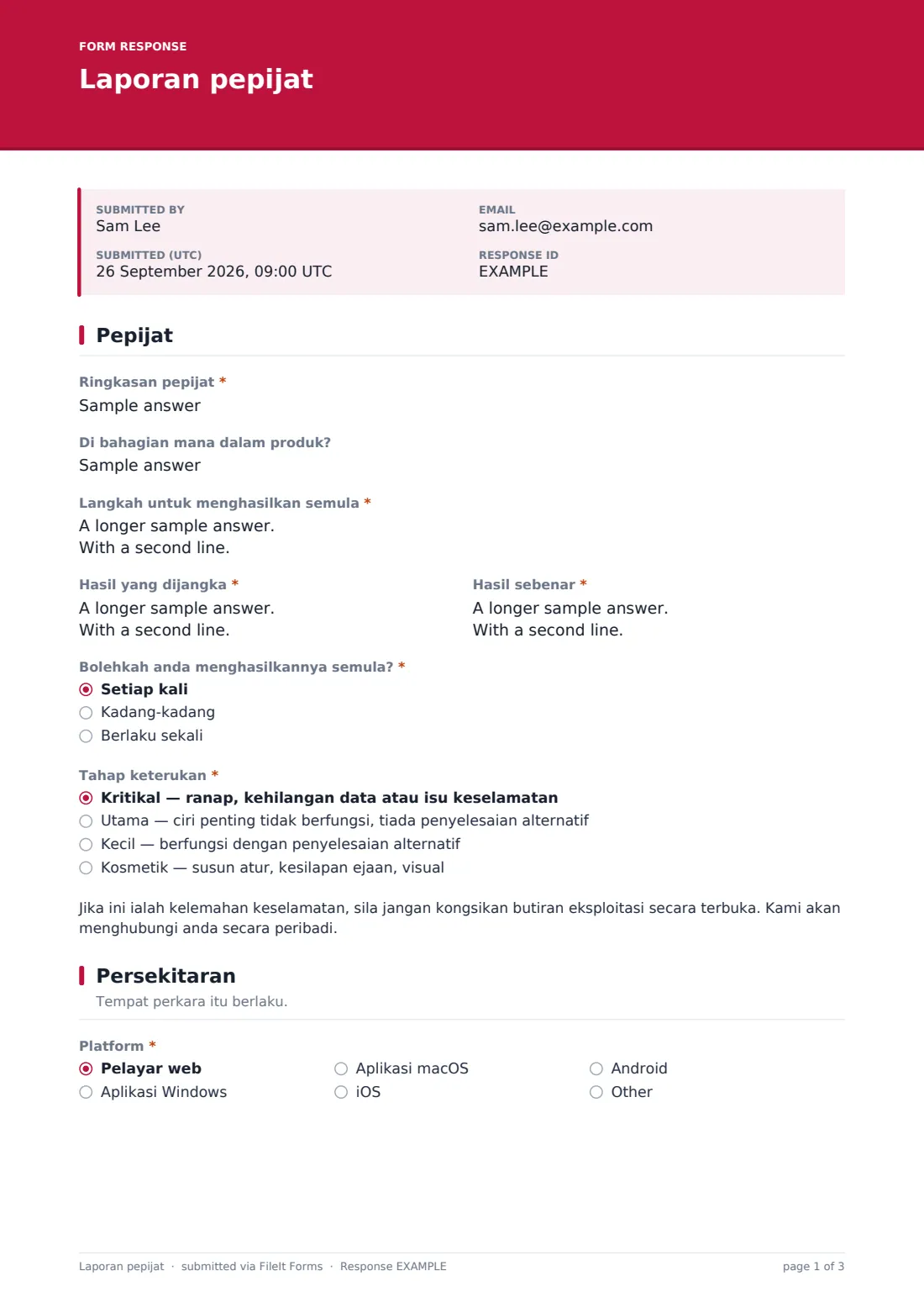 Laporan pepijat — PDF respons contoh, halaman 1 daripada 3
