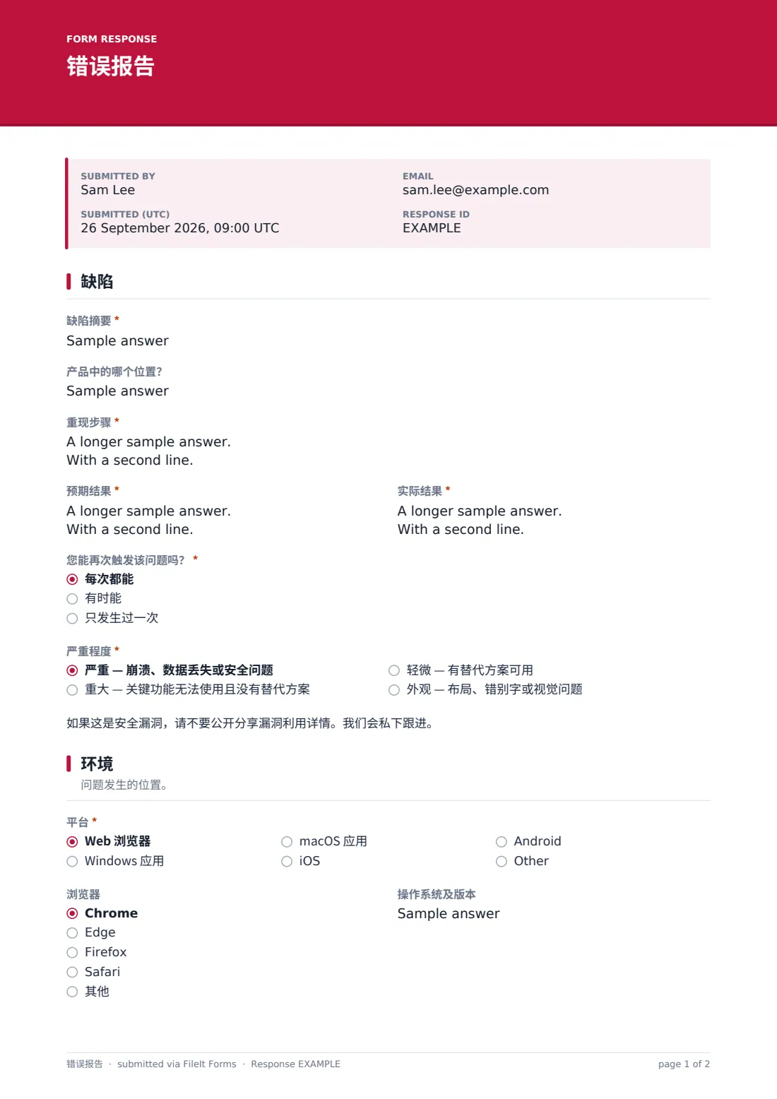 错误报告 — 示例回复 PDF，第 1 页，共 2 页