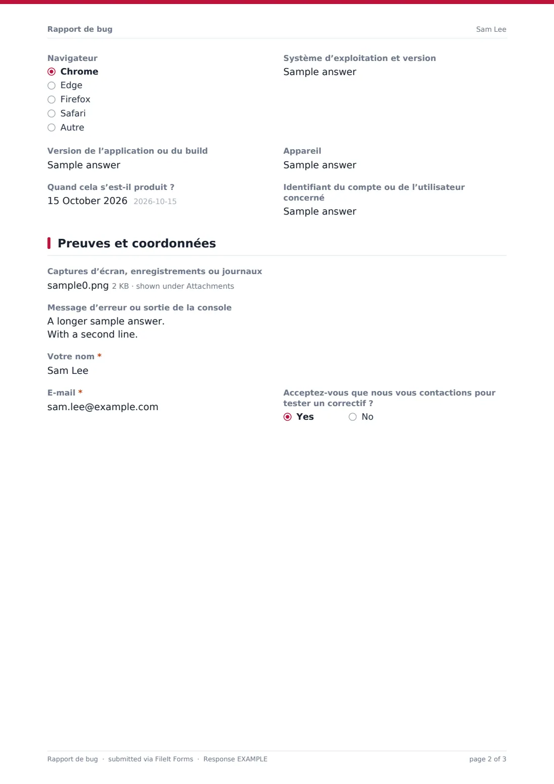 Rapport de bug — exemple de réponse au format PDF, page 2 sur 3