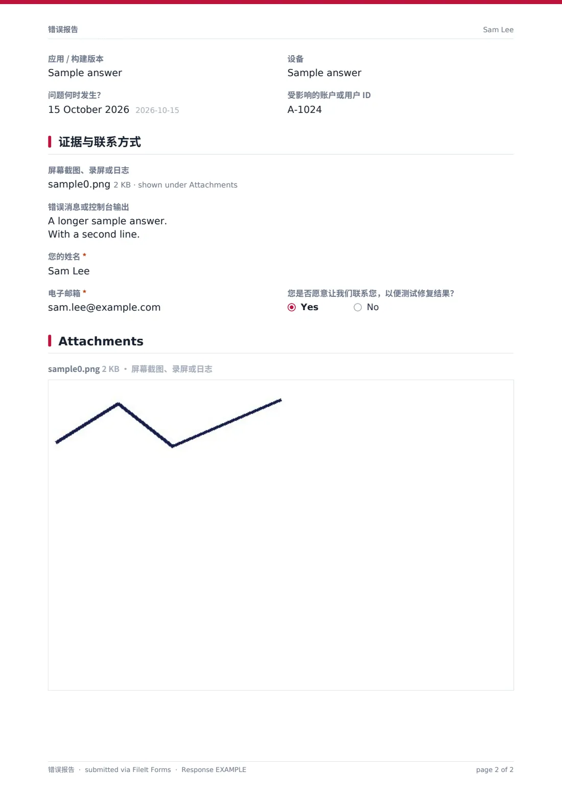 错误报告 — 示例回复 PDF，第 2 页，共 2 页