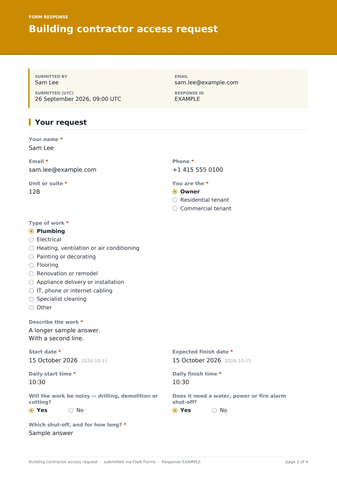 Building contractor access request — example response PDF, page 1 of 4