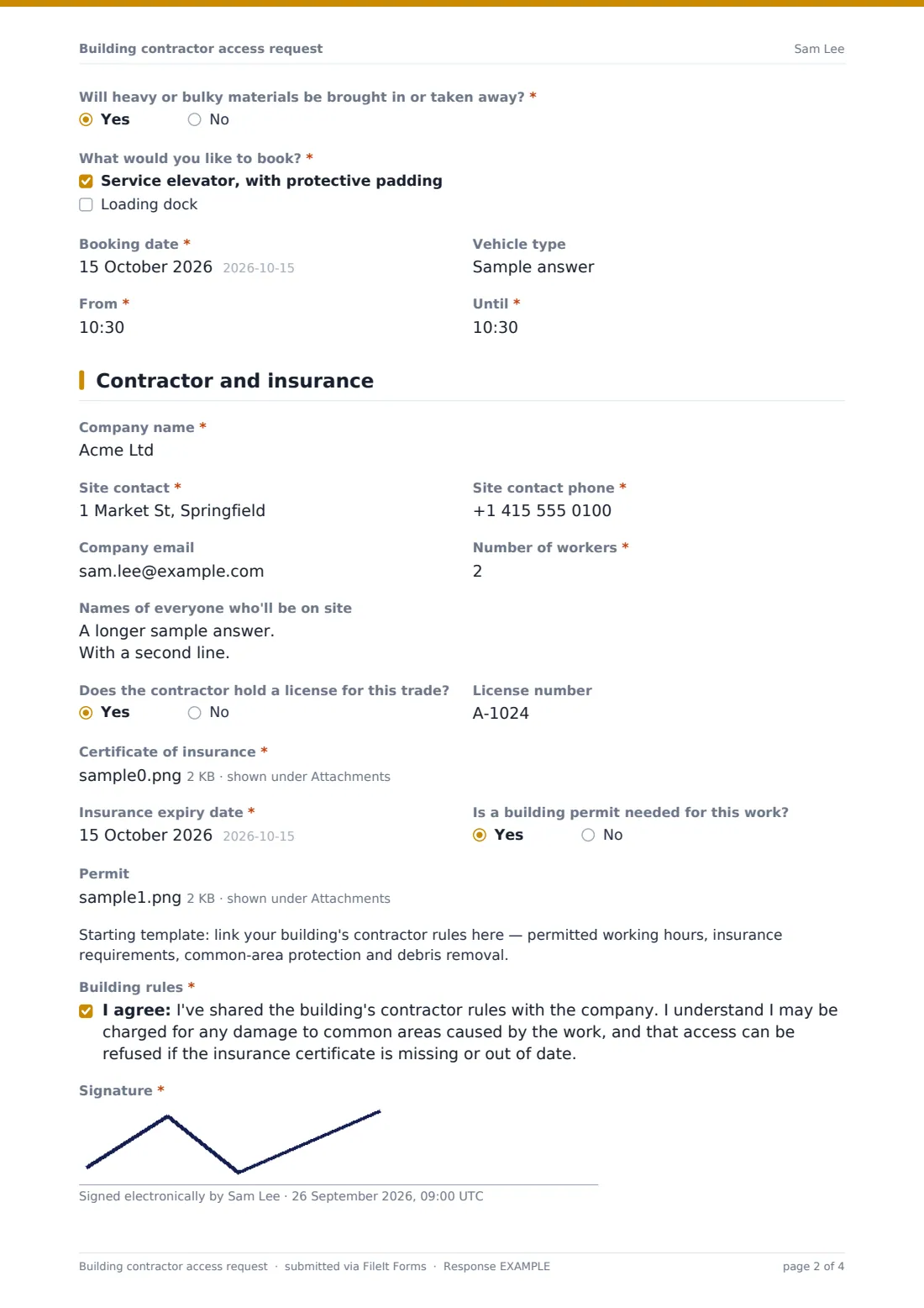 Building contractor access request — example response PDF, page 2 of 4