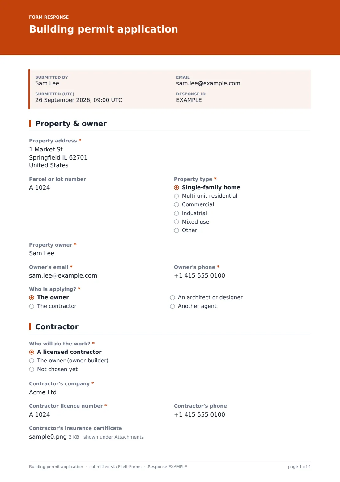 Building permit application — example response PDF, page 1 of 4