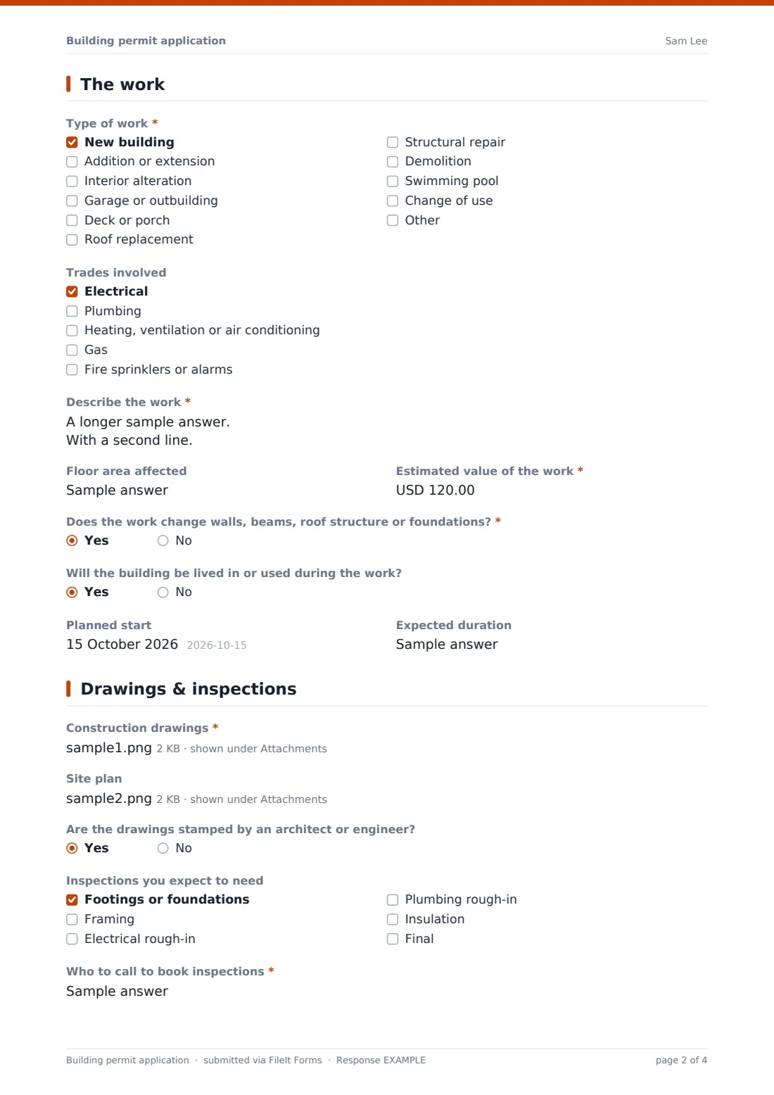 Building permit application — example response PDF, page 2 of 4