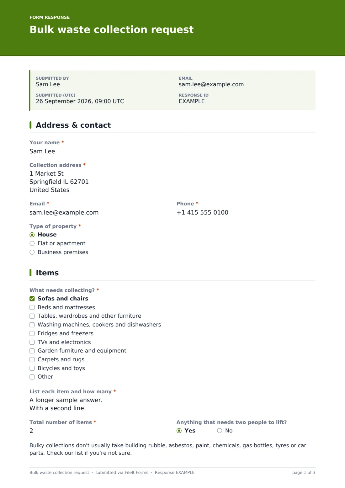 Bulk waste collection request — example response PDF, page 1 of 3