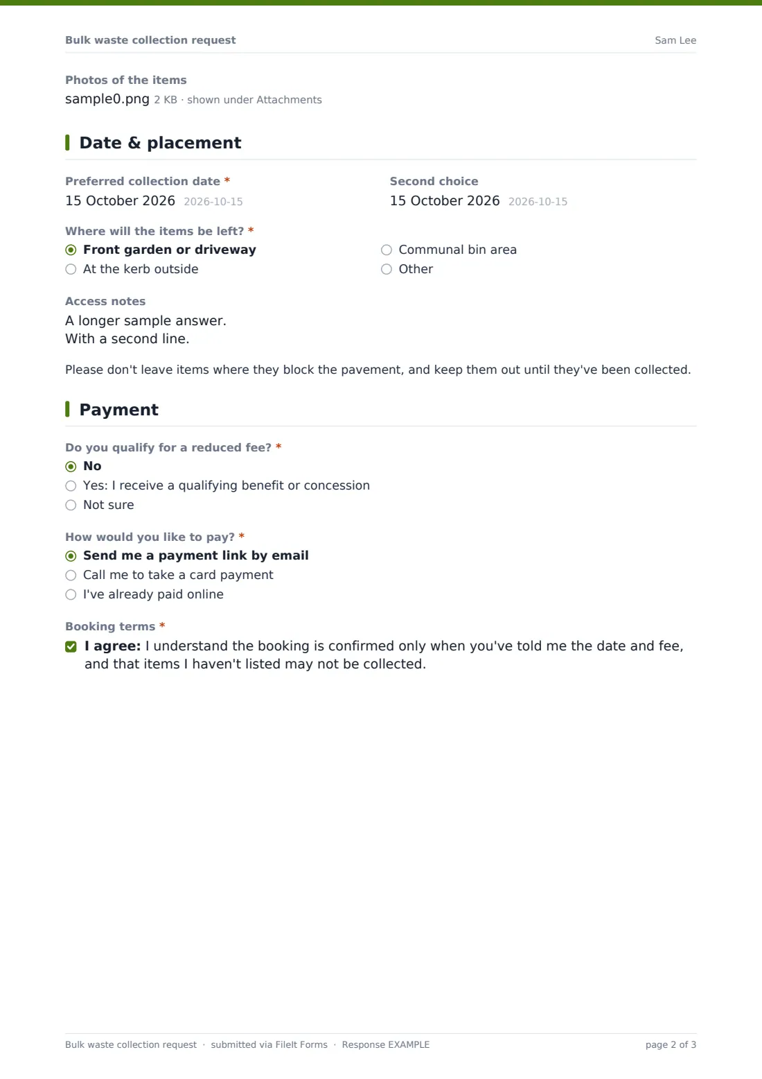 Bulk waste collection request — example response PDF, page 2 of 3