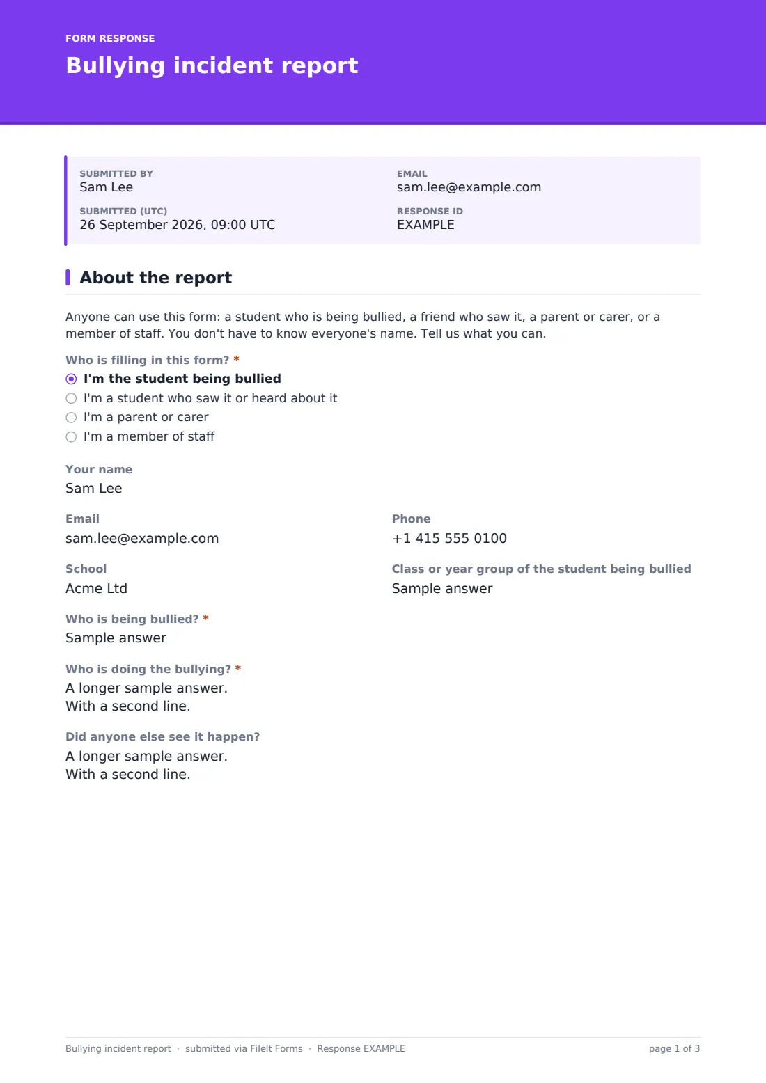 Bullying incident report — example response PDF, page 1 of 3