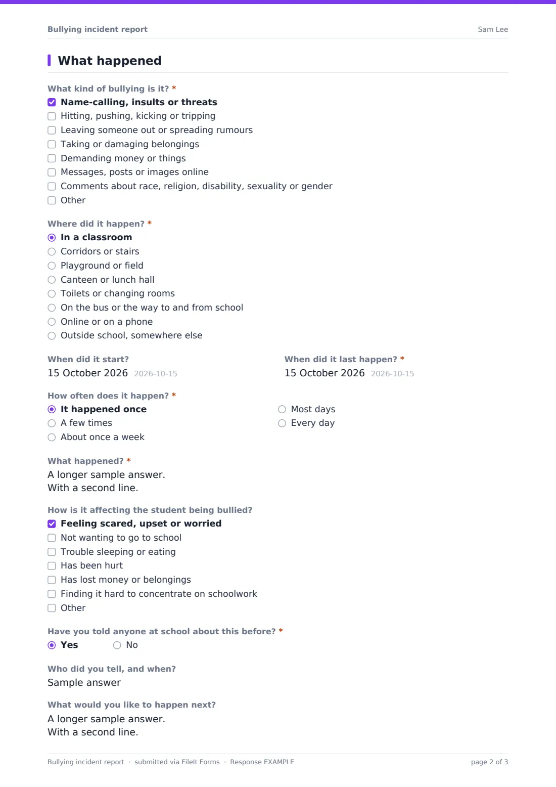 Bullying incident report — example response PDF, page 2 of 3
