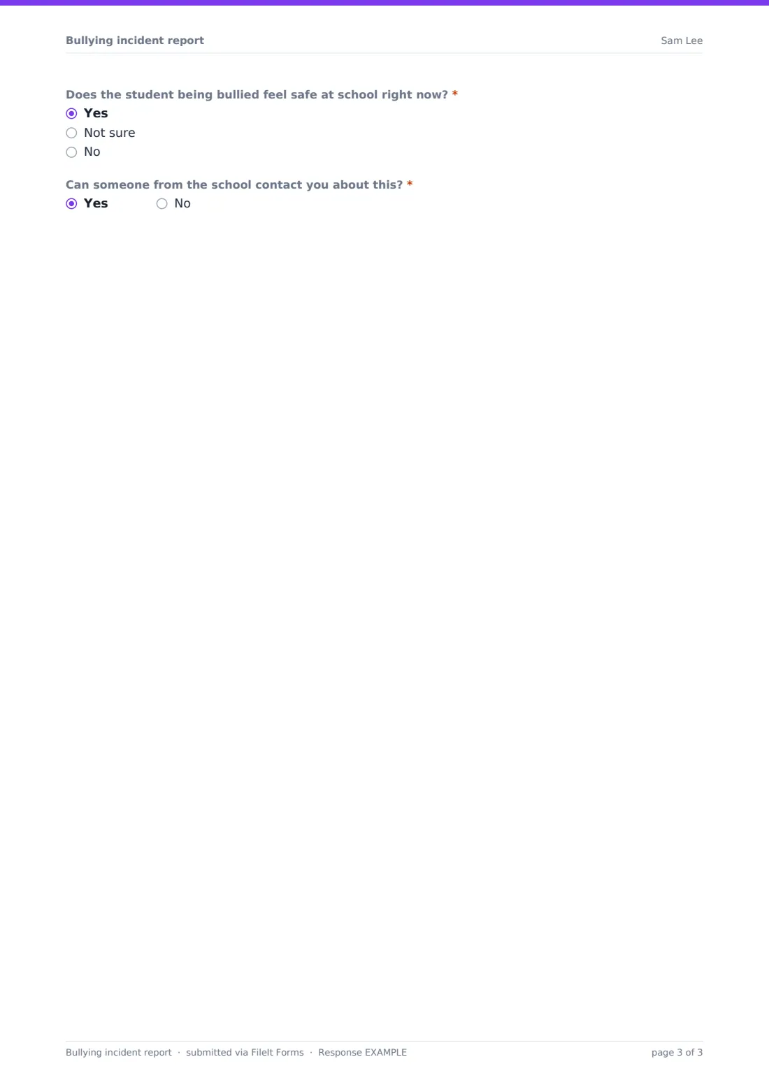 Bullying incident report — example response PDF, page 3 of 3