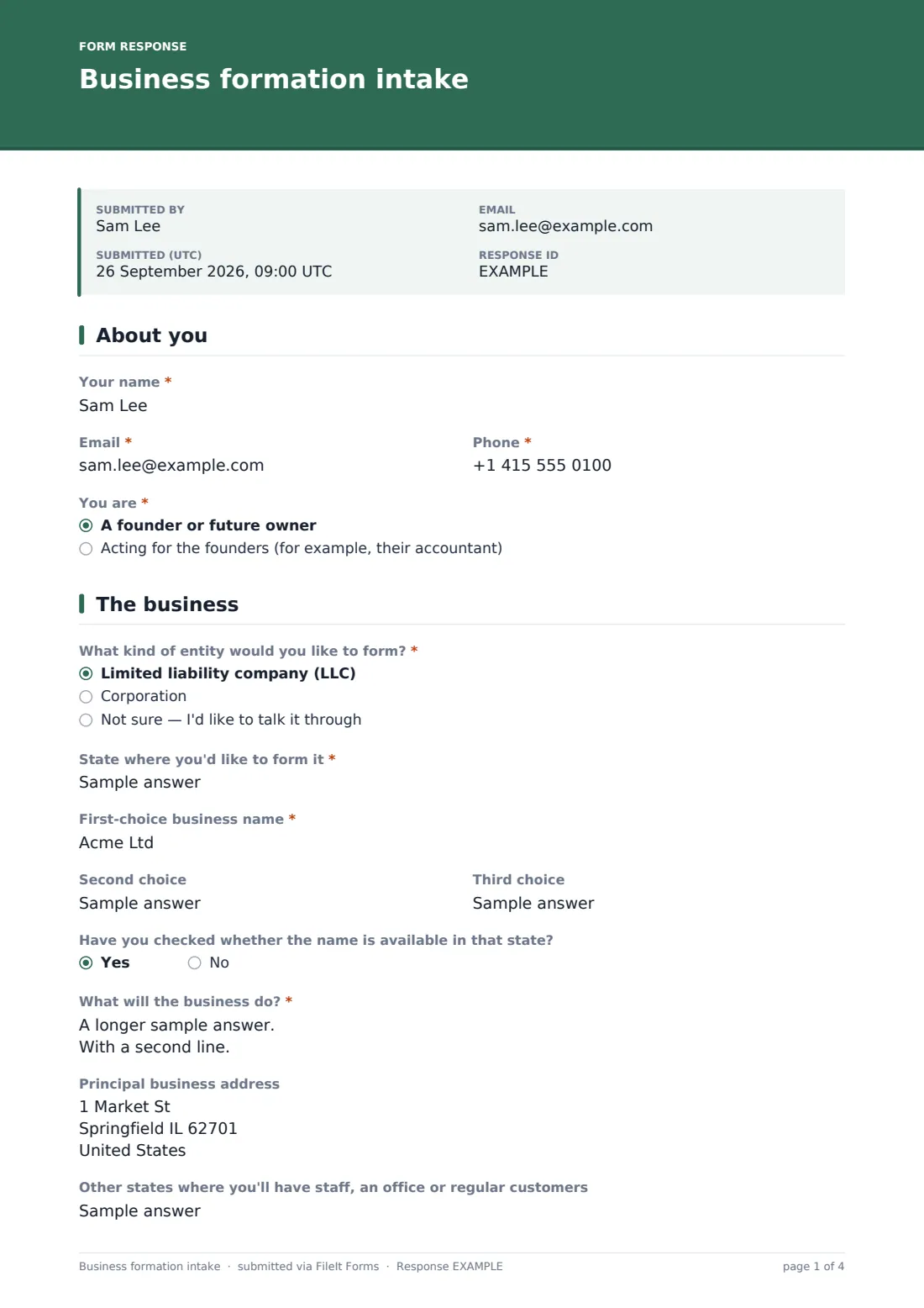 Business formation intake — example response PDF, page 1 of 4