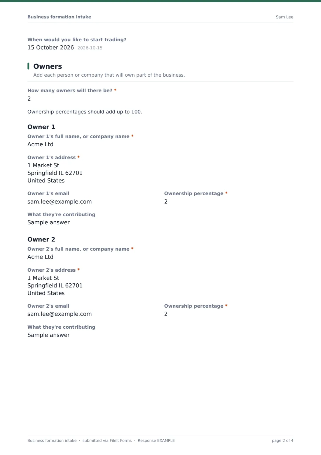 Business formation intake — example response PDF, page 2 of 4