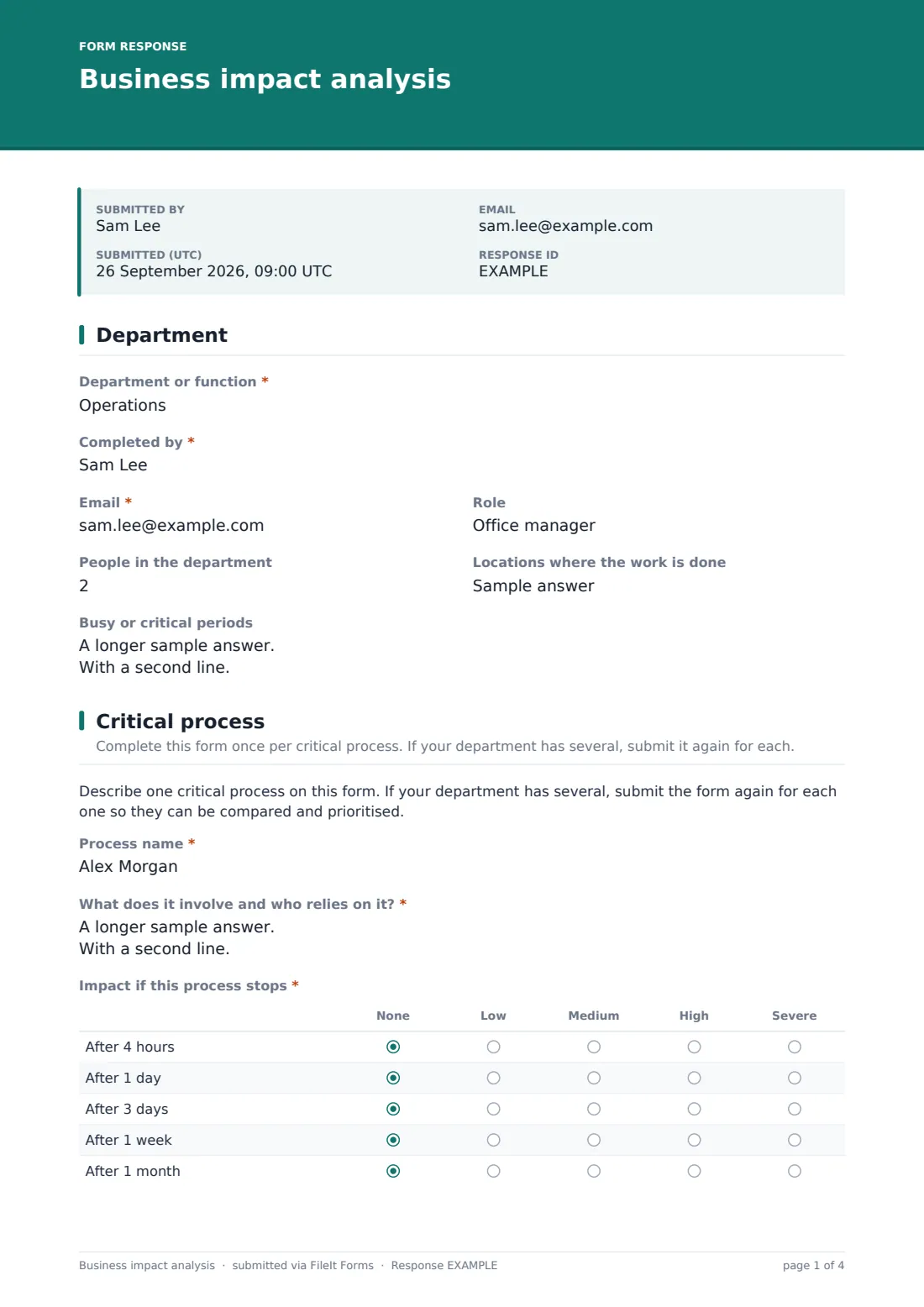 Business impact analysis — example response PDF, page 1 of 4