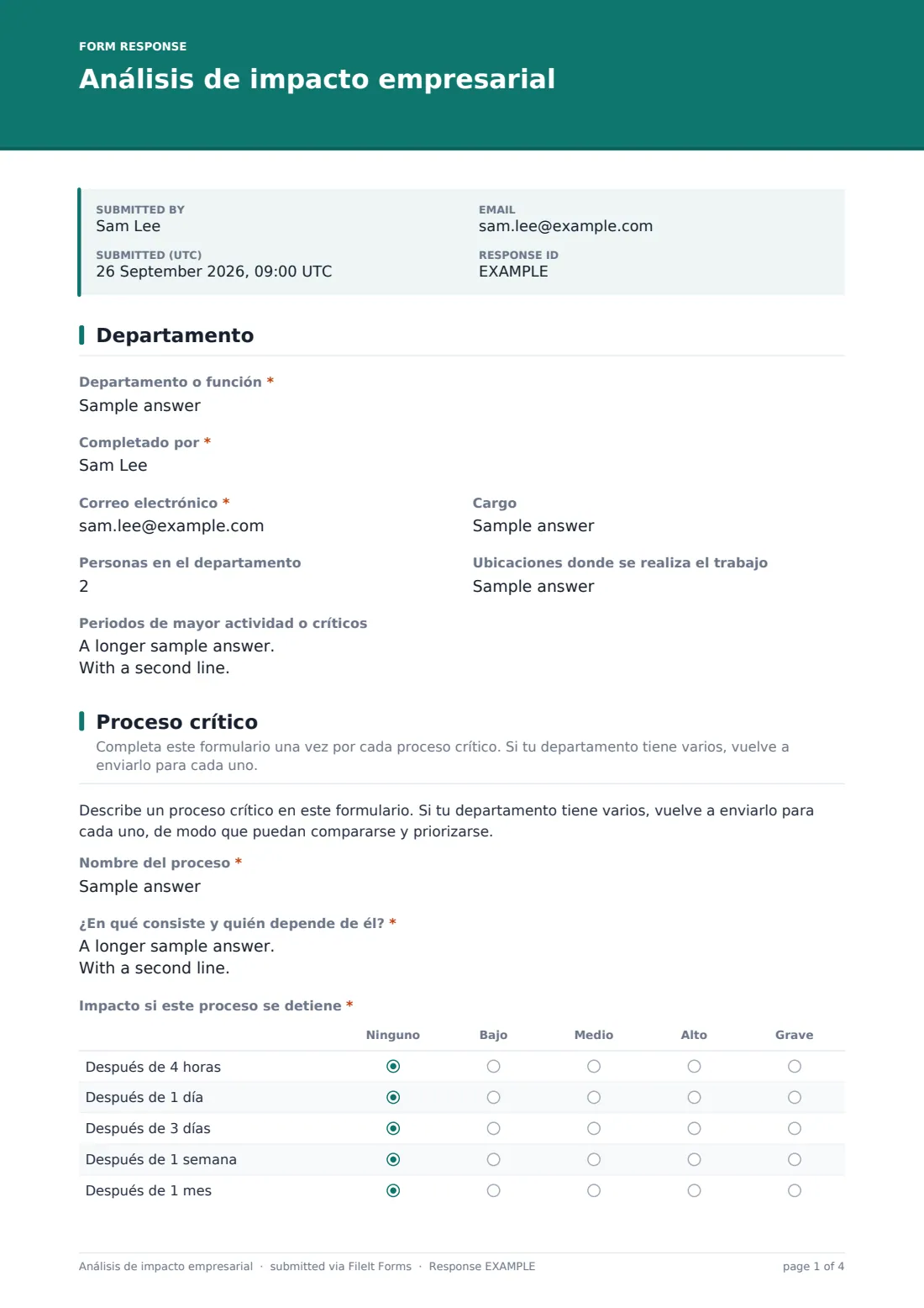 Análisis de impacto empresarial — PDF de respuesta de ejemplo, página 1 de 4