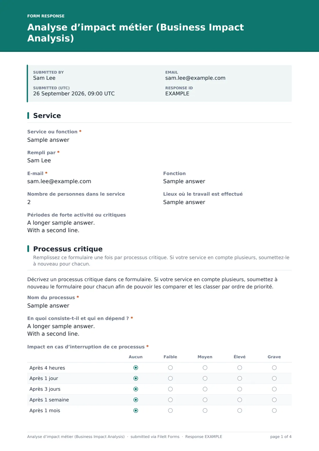 Analyse d’impact métier (Business Impact Analysis) — exemple de réponse au format PDF, page 1 sur 4