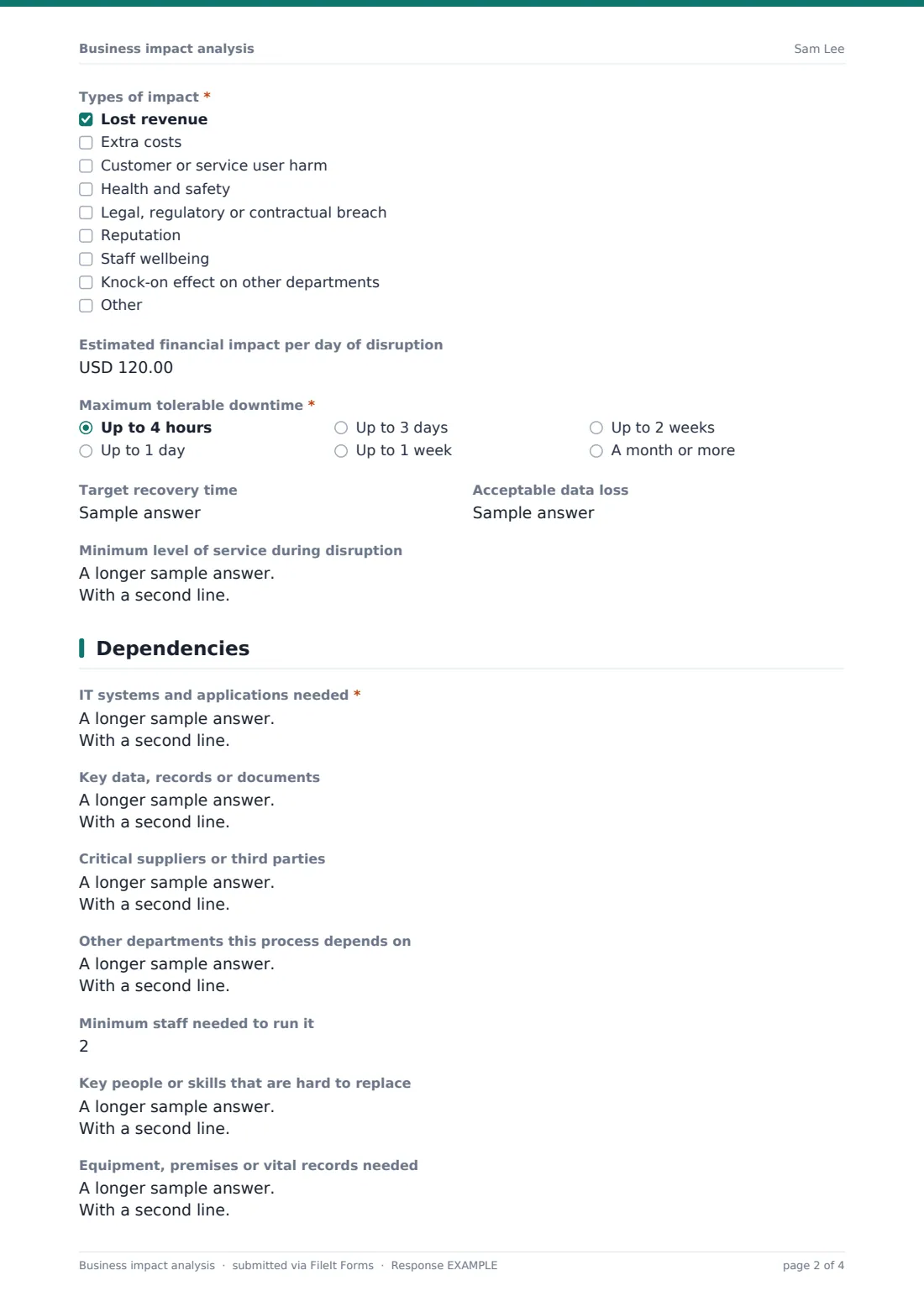 Business impact analysis — example response PDF, page 2 of 4
