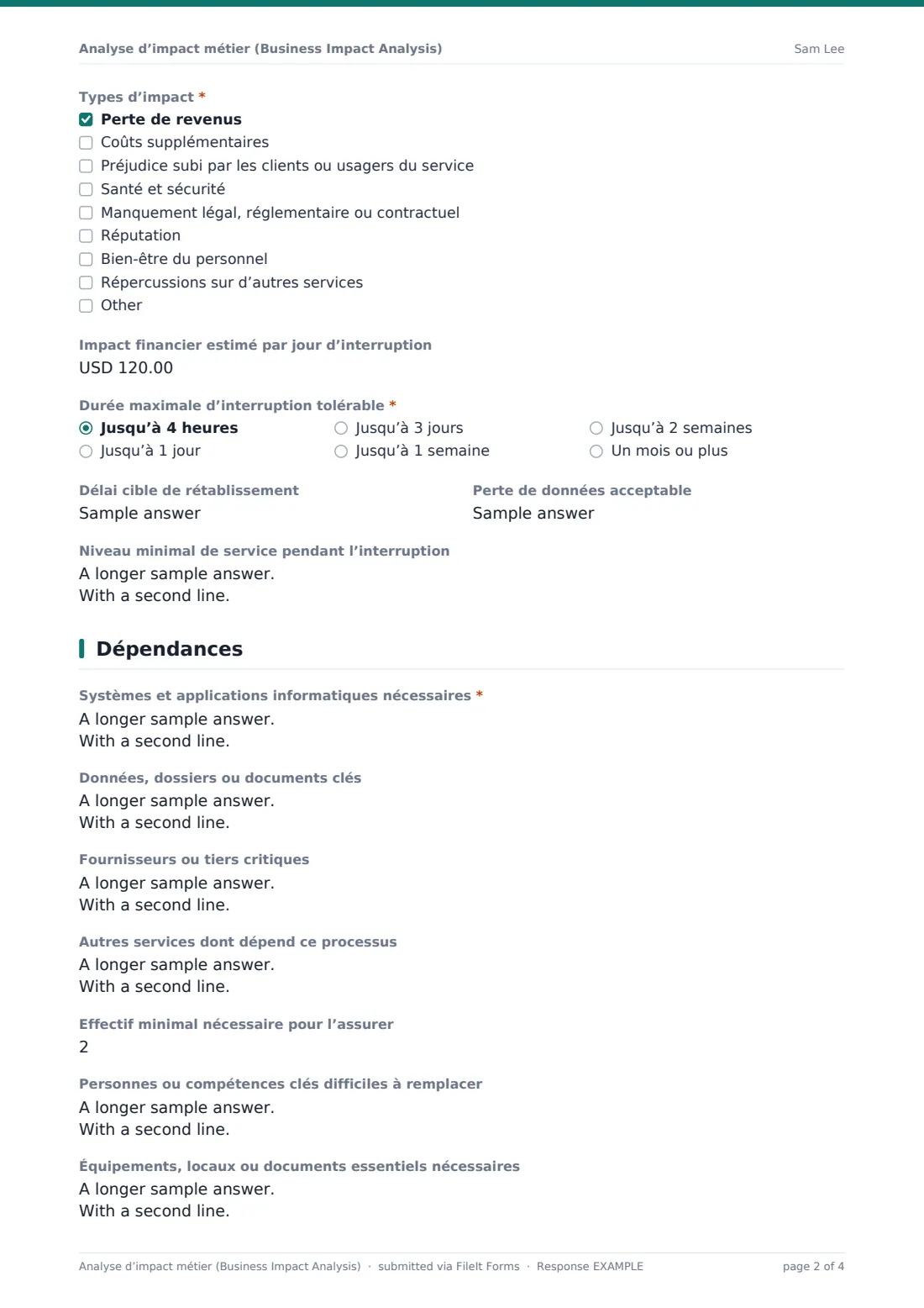 Analyse d’impact métier (Business Impact Analysis) — exemple de réponse au format PDF, page 2 sur 4
