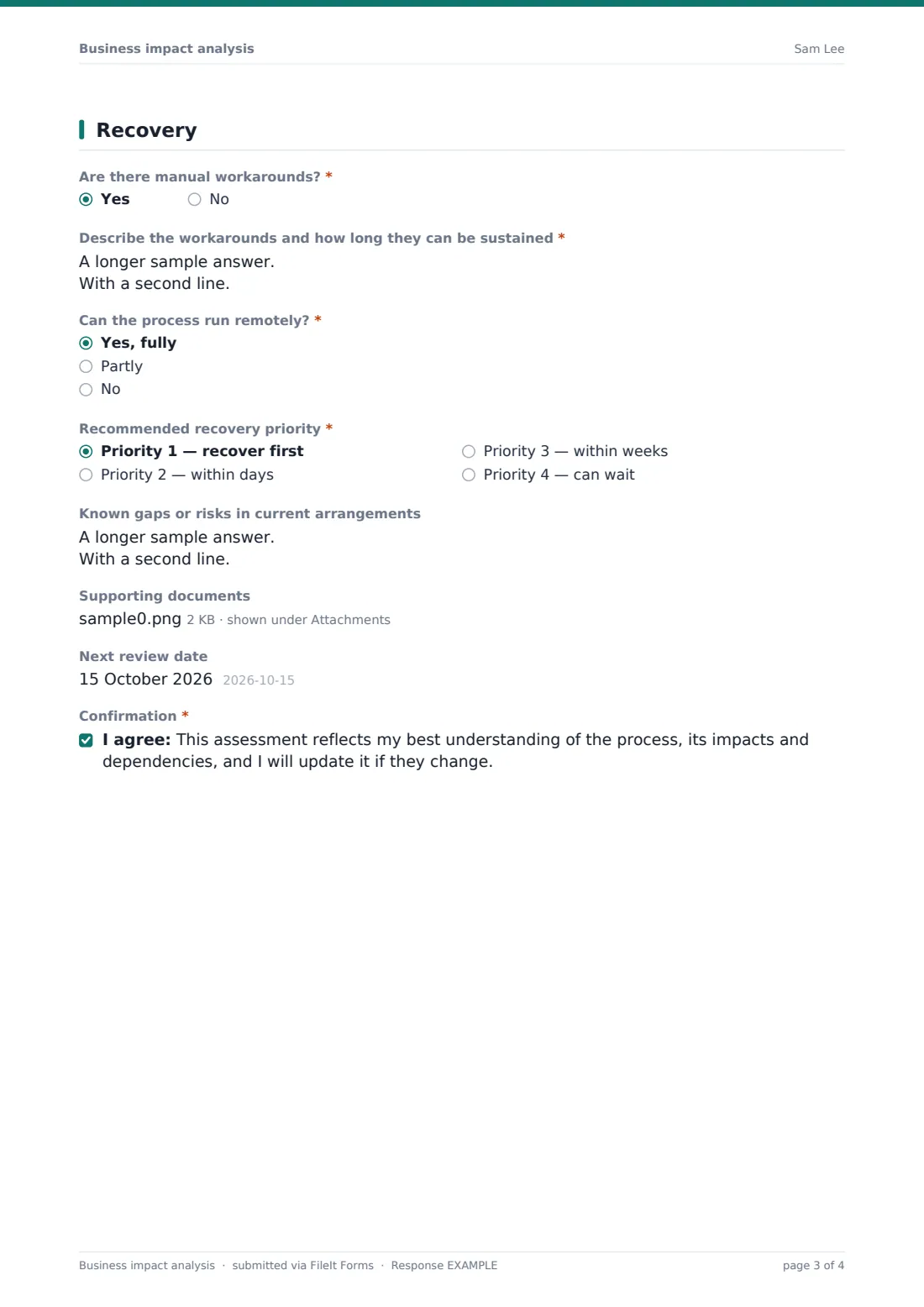 Business impact analysis — example response PDF, page 3 of 4