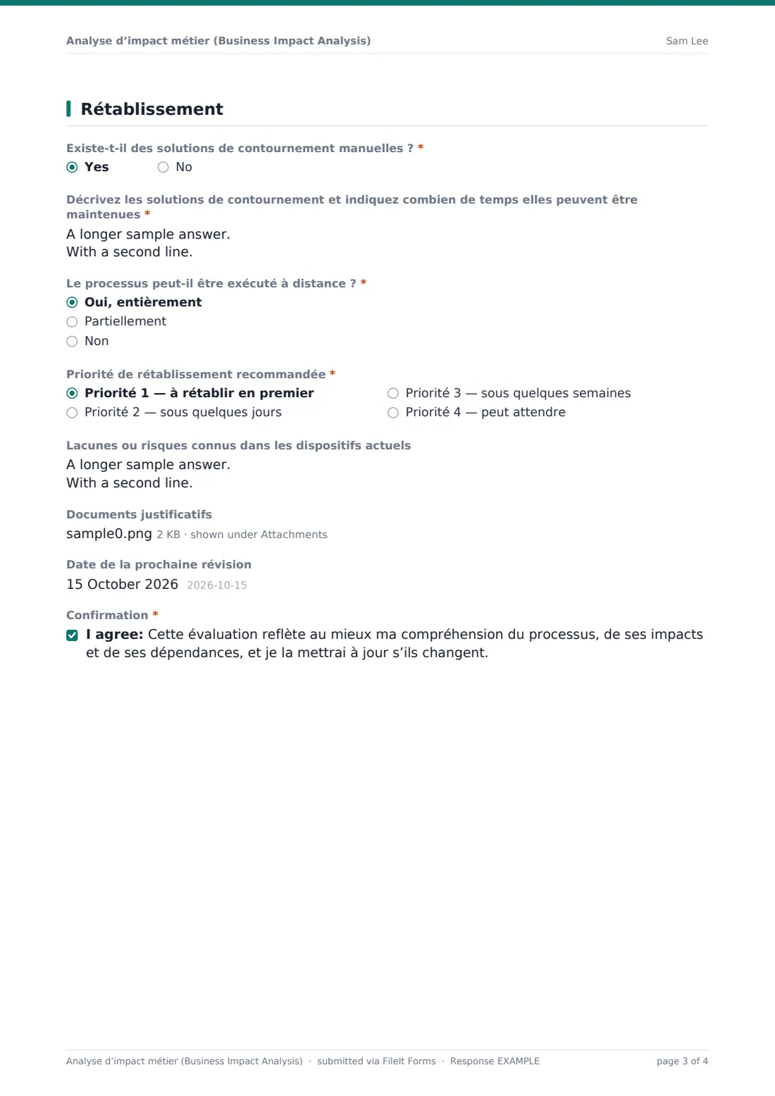 Analyse d’impact métier (Business Impact Analysis) — exemple de réponse au format PDF, page 3 sur 4