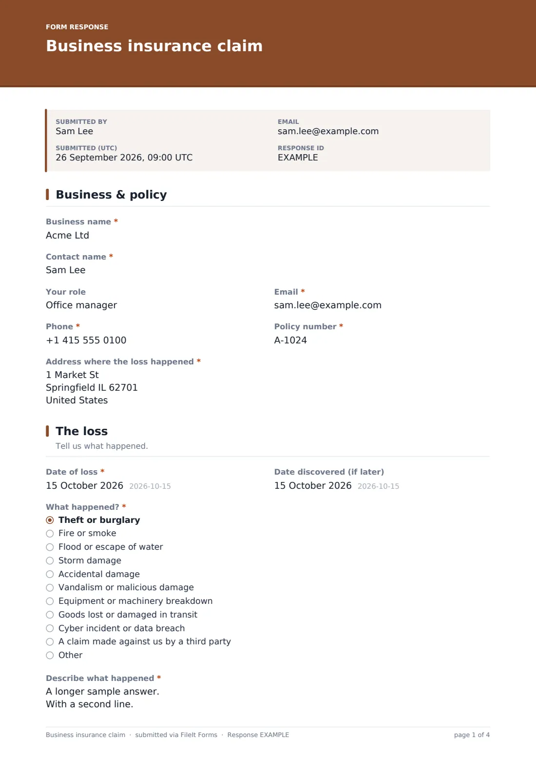 Business insurance claim — example response PDF, page 1 of 4