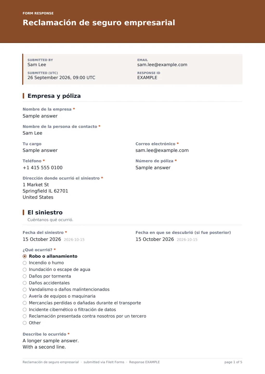 Reclamación de seguro empresarial — PDF de respuesta de ejemplo, página 1 de 5